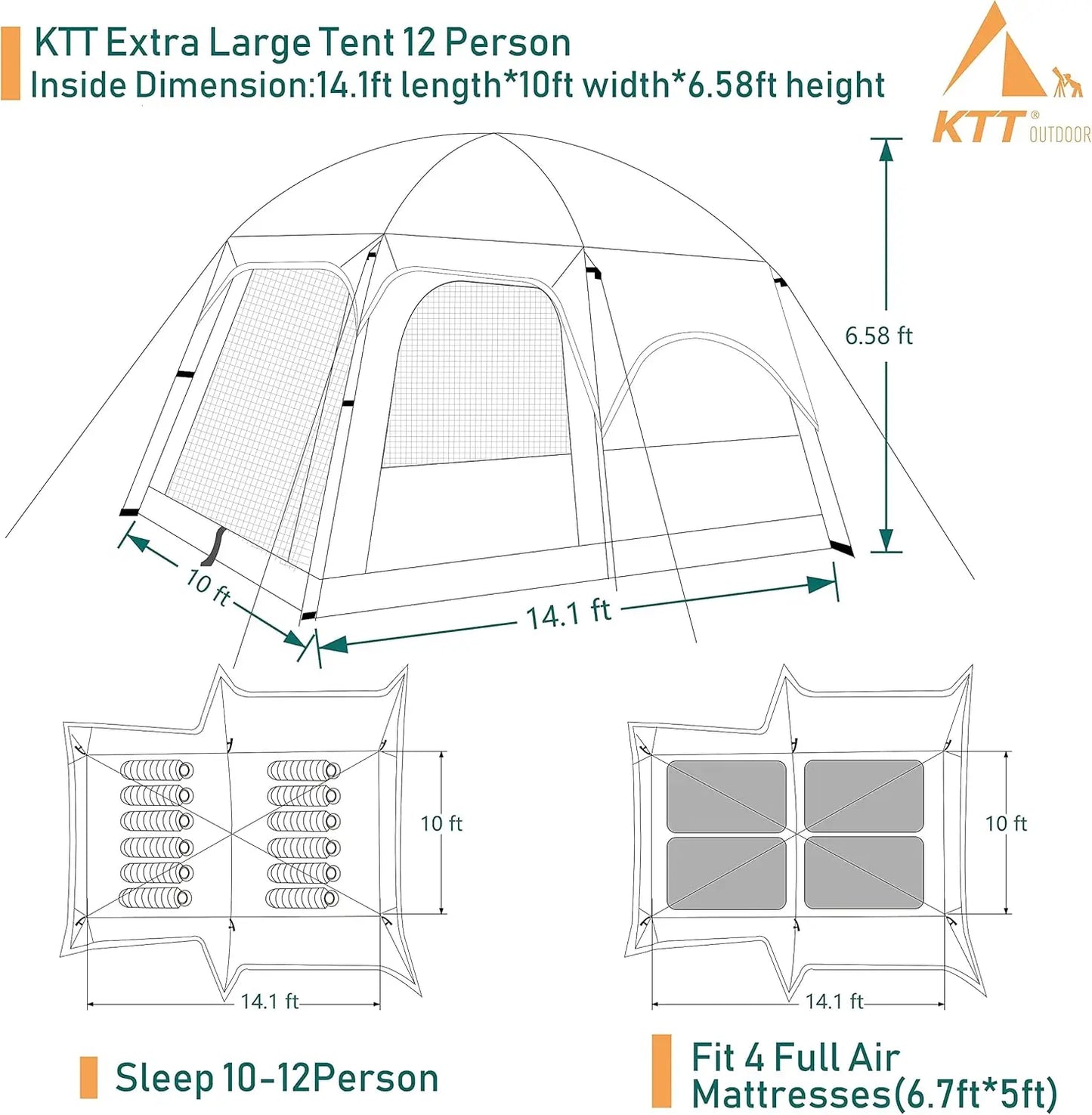 Extra Large Tent 6-10-12-14 Person(Style-B),Family Cabin Tents,2 Rooms,3 Doors and 3 Windows