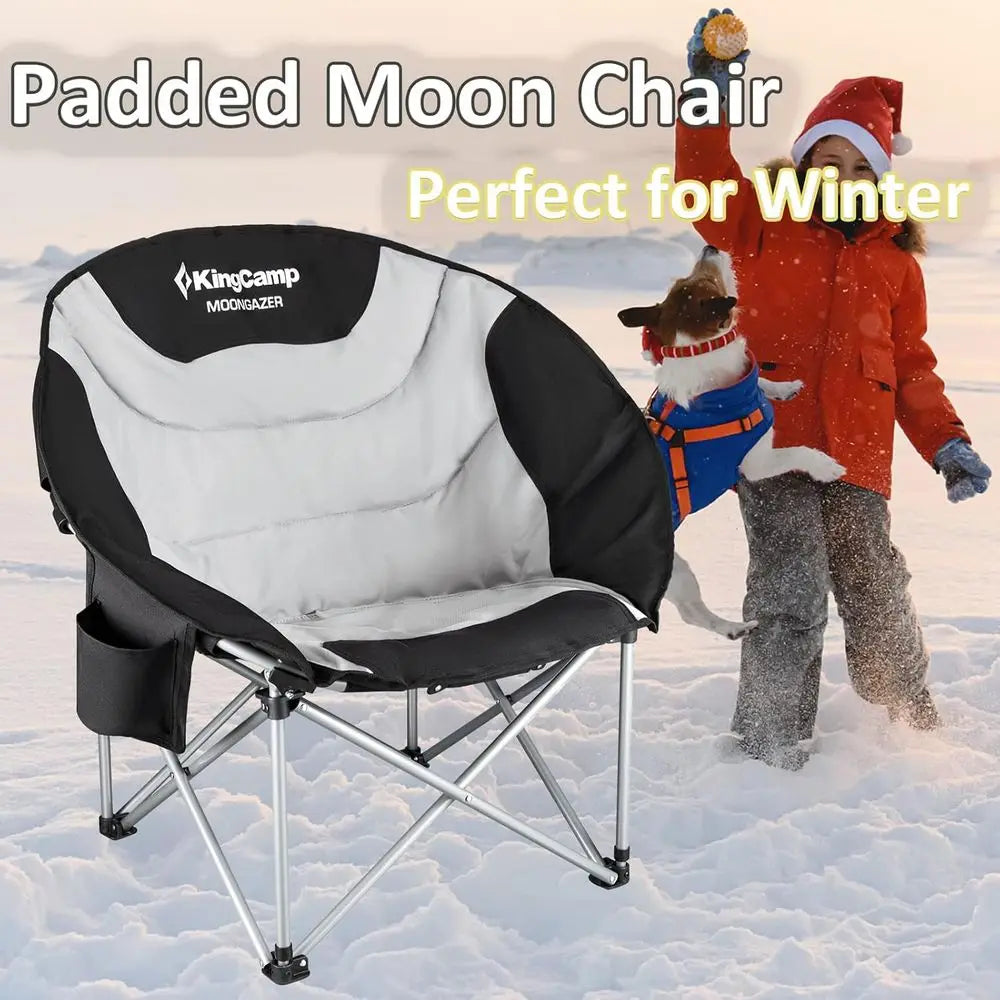 Oversized Cushioned Moon Saucer Folding Camping Chairs with Cup Holders (Black, Set of 2)