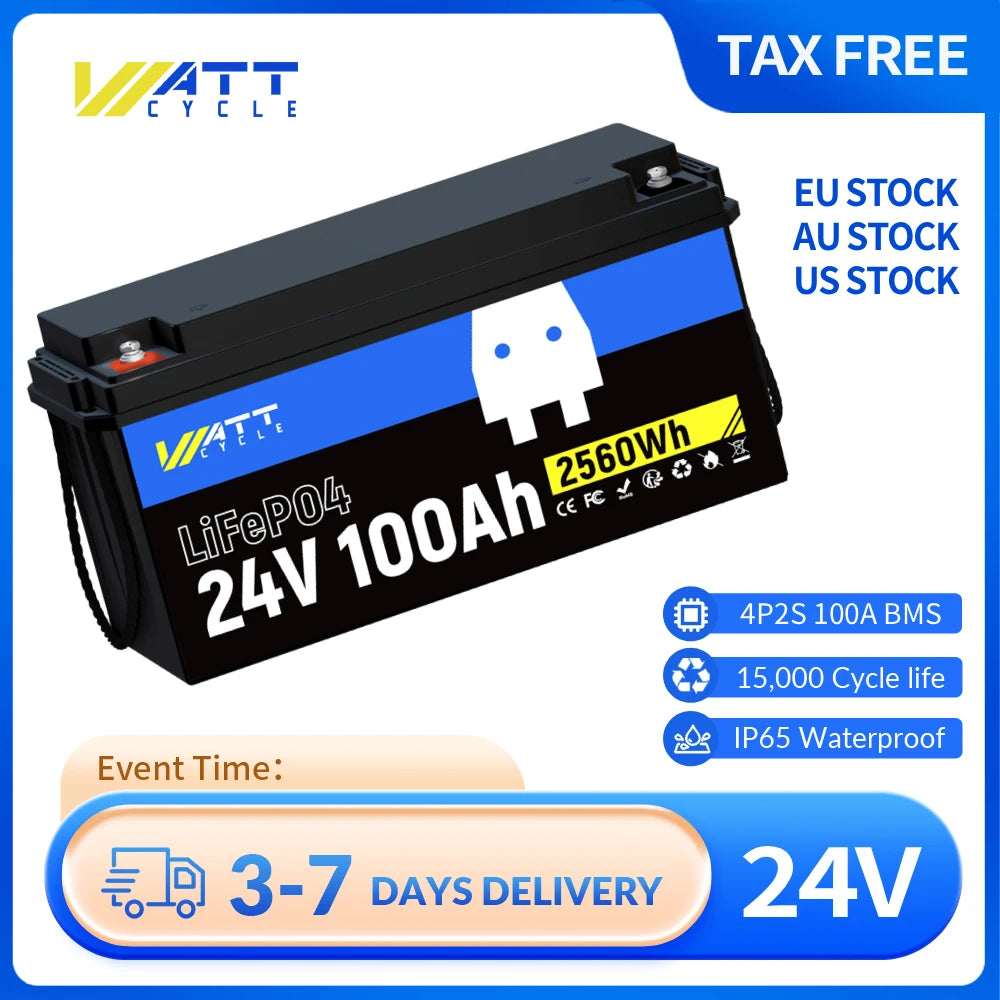 Wattcycle LiFePO4 Lithium Battery 24V 100Ah Portable 2560Wh With BMS 100A Car Battery