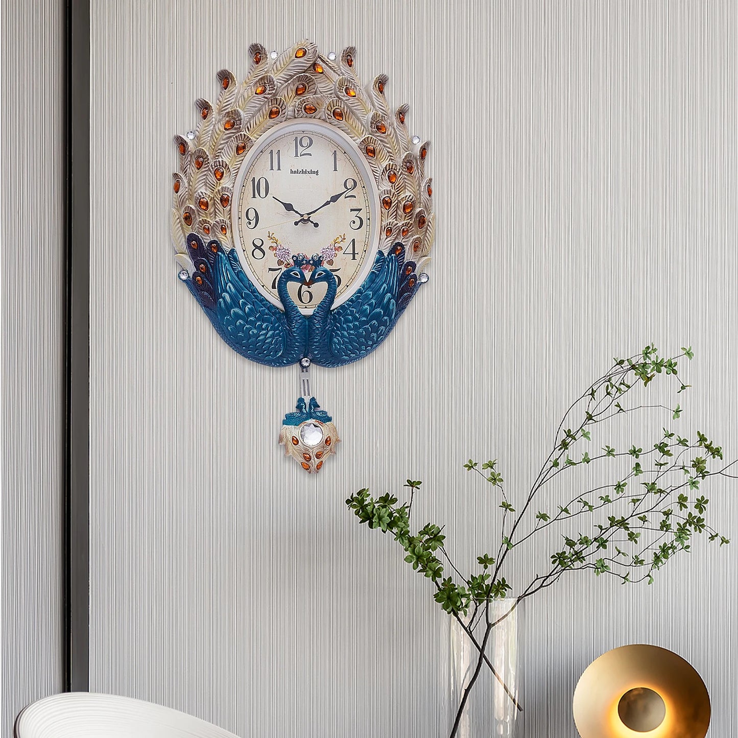 Exquisite Wall-Mounted Pendulum Clock w/Lifelike Animal Feathers, Large Dial, Quartz Movement,