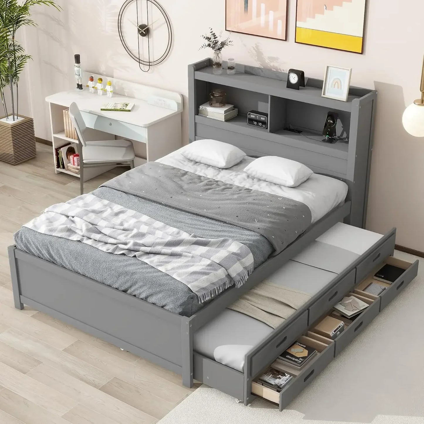 Full Platform Bed/Twin Size Trundle,Bookcase Headboard,Charging Station/3 Drawers,Wood Full Storage