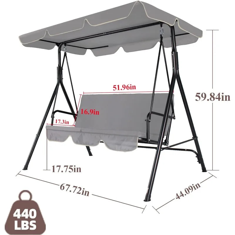 Raysfung 3-Seat Patio Swing Chairs w/Tilt Canopy & Durable Steel Frame Porch Swing Removable Cushion