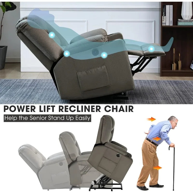 Power Lift Recliner Chair for Elderly, Plush Fabric Electric Recliner w/Heated & Vibration Massage