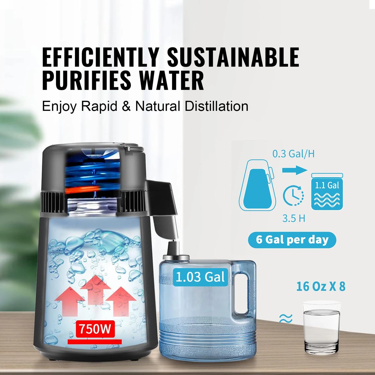 SucceBuy Water Distiller 4L 1.05 Gallon Pure Water Purifier Filter Countertop 750W Distilled Water