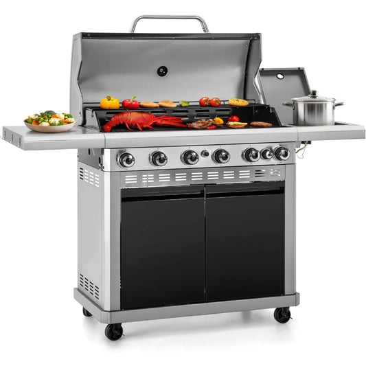 6-Burner Propane Gas BBQ Grill with Side Burner & Porcelain-Enameled Cast Iron Grate and Plate