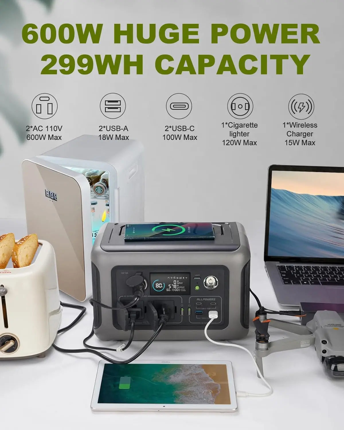 ALLPOWERS Portable Power Station R600, 299Wh LiFeP04 Battery with 2x 600W (1200W Surge) AC Outlets
