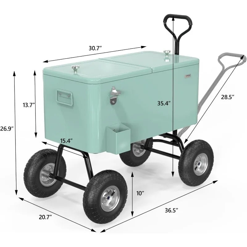 VINGLI 80 Quart Wagon Rolling Cooler Ice Chest, w/Long Handle and 10" Wheels