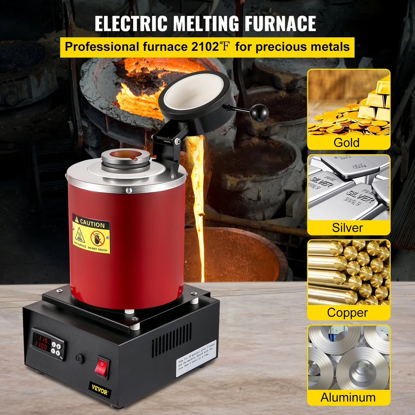 VEVOR 1/3KG Metal Melting Furnace with LED Display Screen Jewelry Making Tools Precious Gold Silver