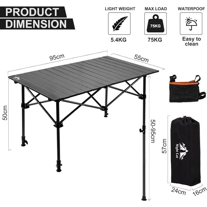 Camping Table w/ Storage Basket Foldable Picnic Table/Outdoor Indoor Adjustable Height 1.7-3ft BBQ