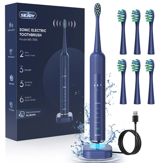 Sejoy Sonic Rechargeable Electric Toothbrush 8 Brush Heads Wireless Charging 5 Modes Smart Timer