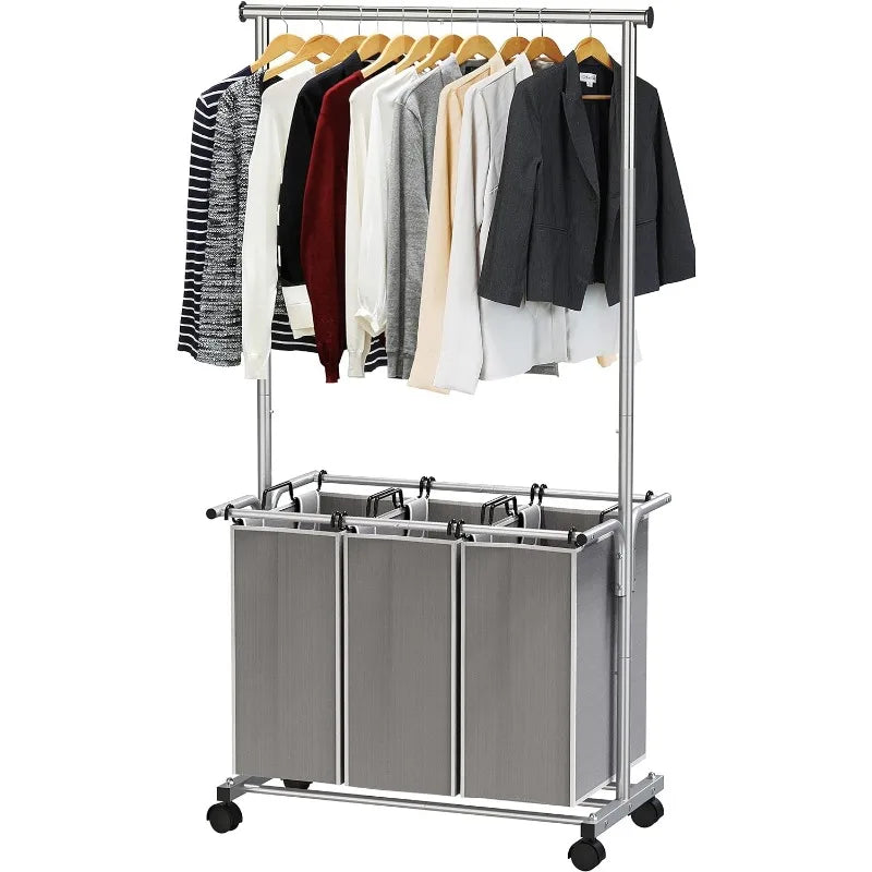 3 Bag Laundry Sorter Rolling Cart w/Garment Rack Hanging Rod, Silver