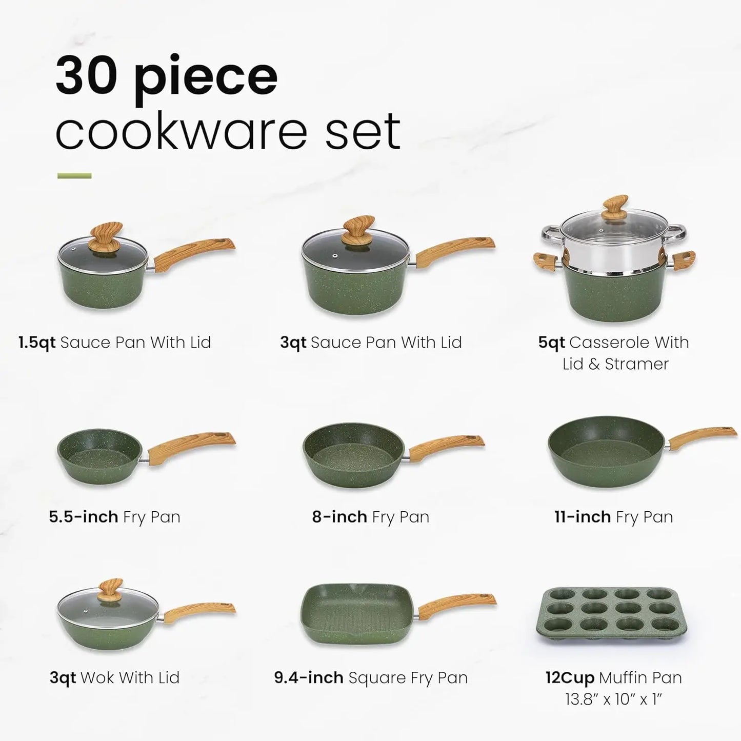 30 Pieces Induction Kitchen Cookware Set, Green Granite Coating Cooking Pans Set