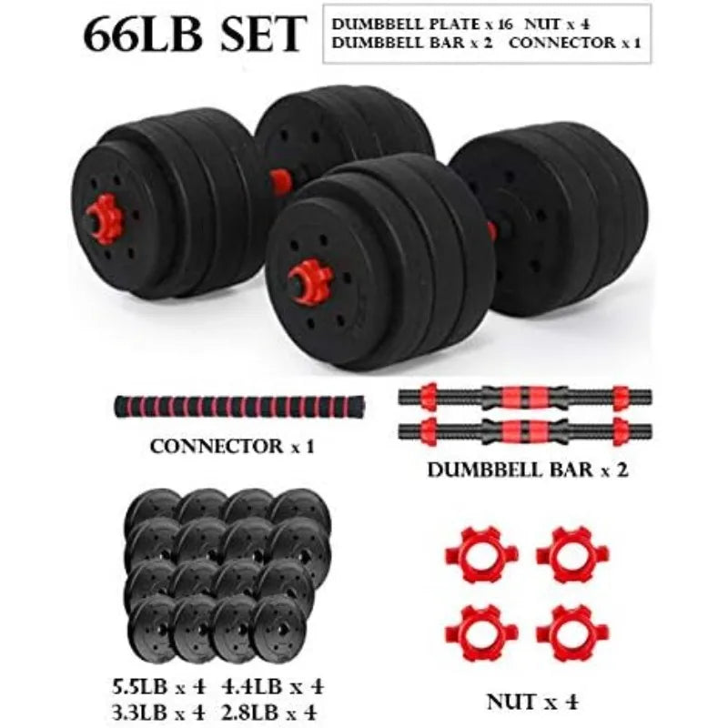 Adjustable Dumbbell Barbell Set (66LB) Weight with Connecting Rod 2 in 1  Workout Exercise Equipment