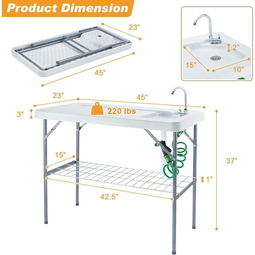 Folding Fish Cleaning Table Portable Sink Table w/Faucet Drain Hose & Sprayer Outdoor Station