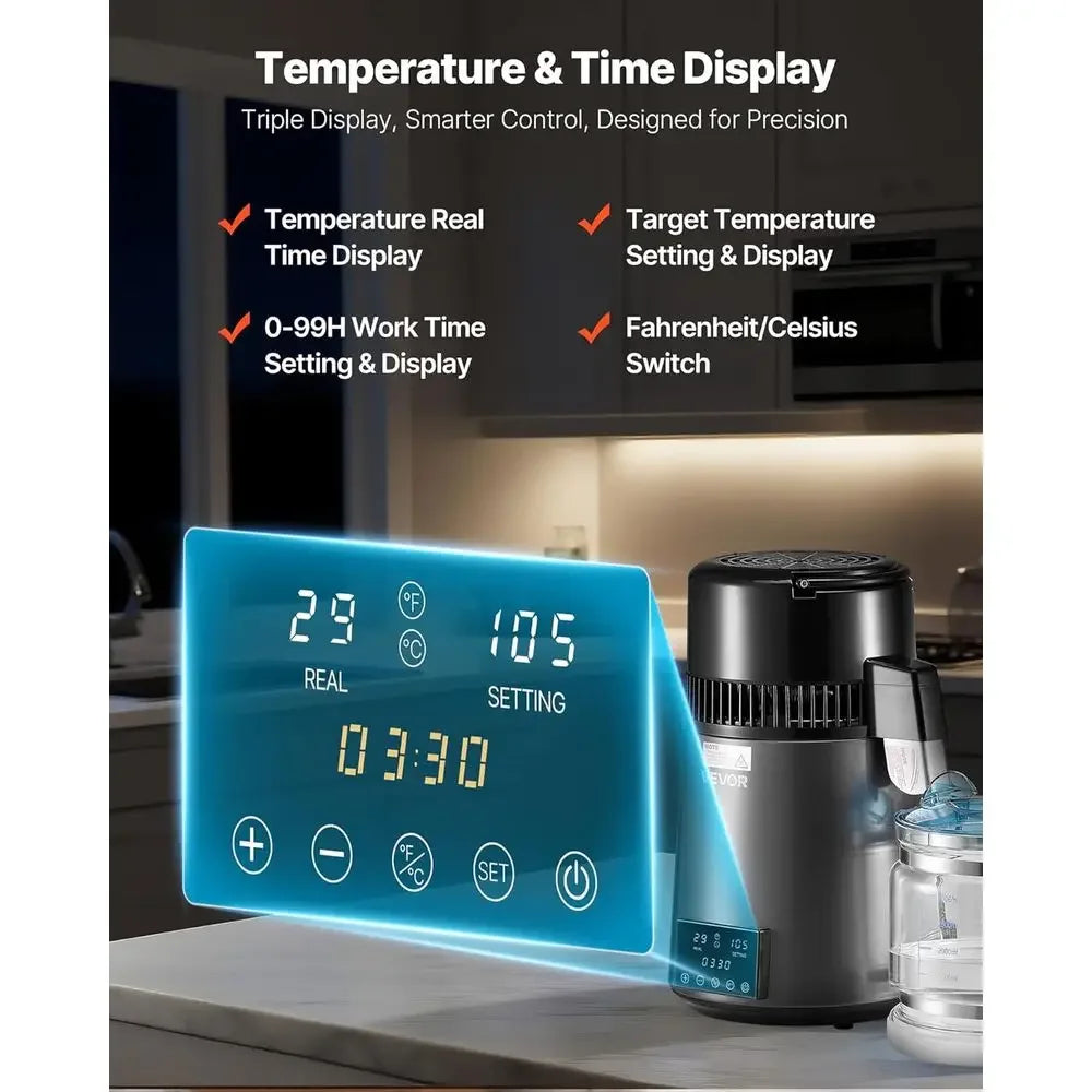 1.1 Gallon Glass Countertop Water Distiller, 1750W, 0.4 Gallons/Hour, 4L Capacity, Timer & Temp Display