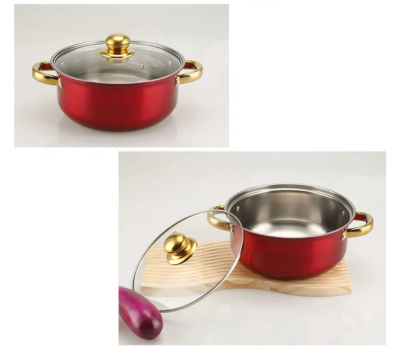 OGMY 12PCS of Stainless Steel Colored Cookware Set Non-stick Pan Gold-plated Handle Soup Pot