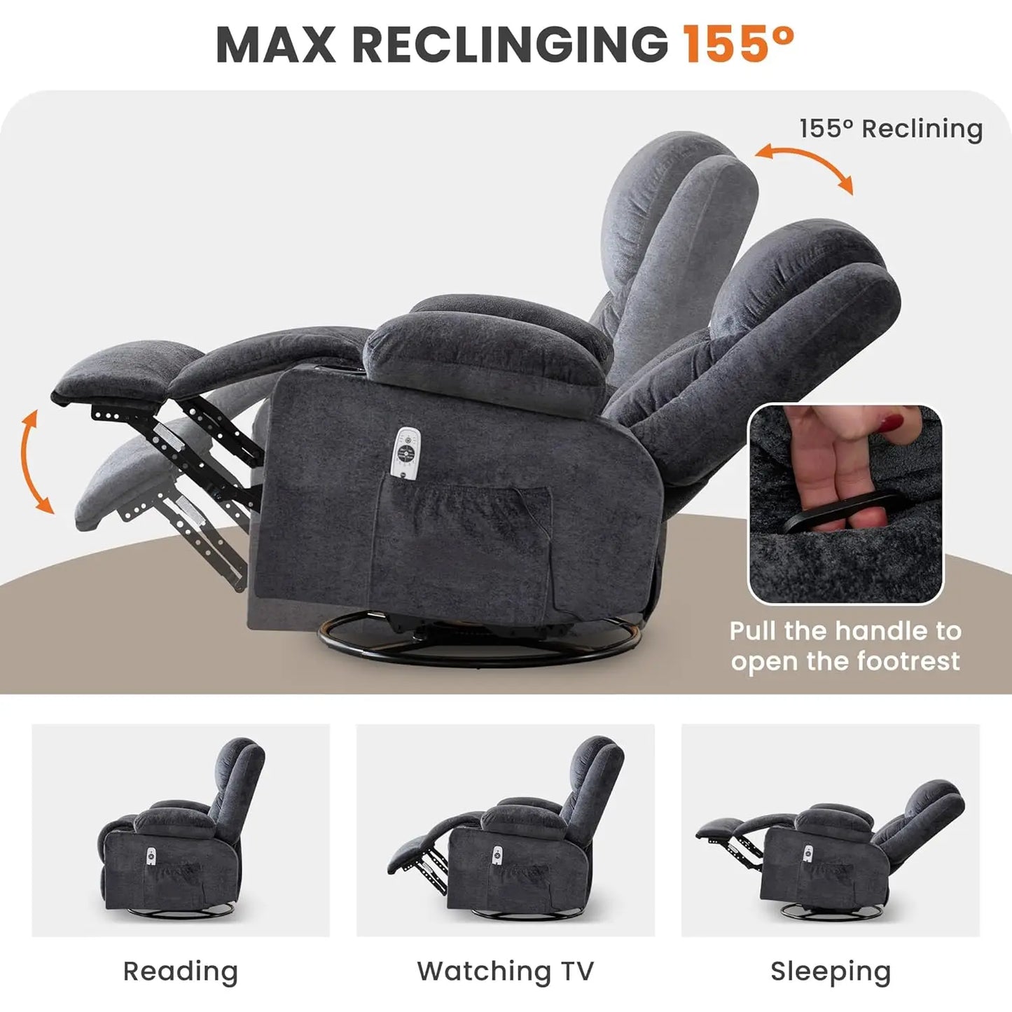 Swivel Recliner Chair for Adults,Oversized Rocker Recliner w/Massage and Lumbar Heat,Rocking Chair