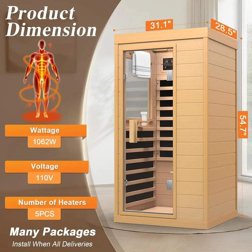 Indoor Hemlock Wood Sauna with Backrest, 1062W, 110V, Low EMF, Integrated Speakers, Reading Lamp