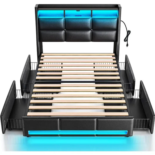 Rolanstar Twin/Full/Queen Frame LED Lights & Charging Station, PU Leather/Storage/Headboard/Drawers