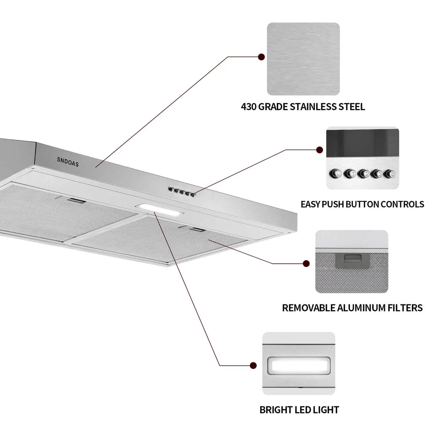 Tieasy 30 inch 230 CFM Under Cabinet Mount Stainless Steel with Carbon Filter LED Lights Kitchen Range Hood USGF2375CF