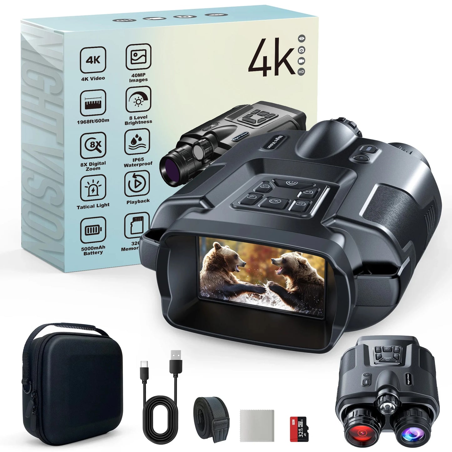 Night Vision Binoculars 4K Infrared 5000mAH Rechargeable 8X Digital Zoom 600 Meters Darkness Goggles