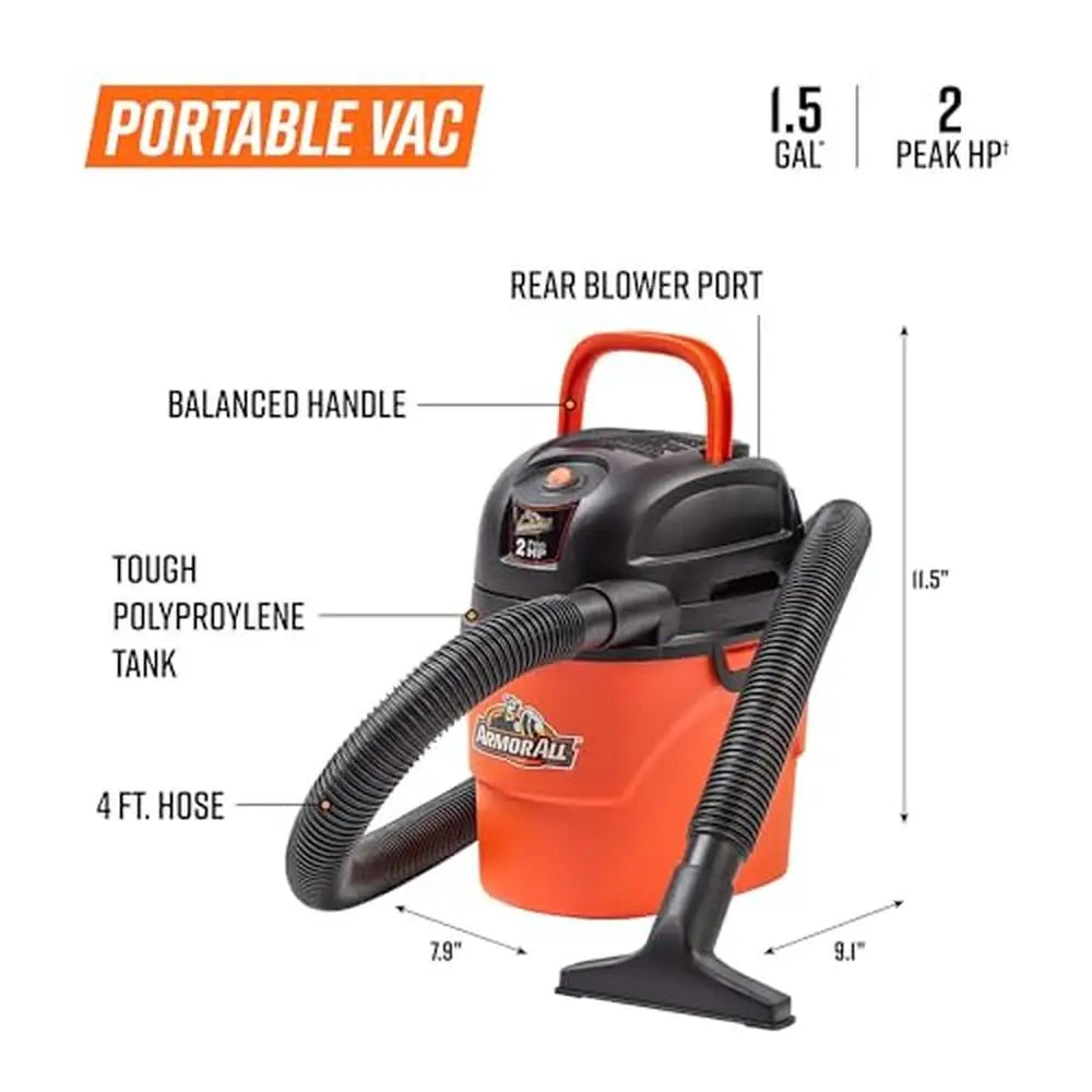 Portable Wet/Dry Shop Vac 1.5 Gallon 2 Peak HP Blower Accessories Included 6-ft Cord 4-ft Hose