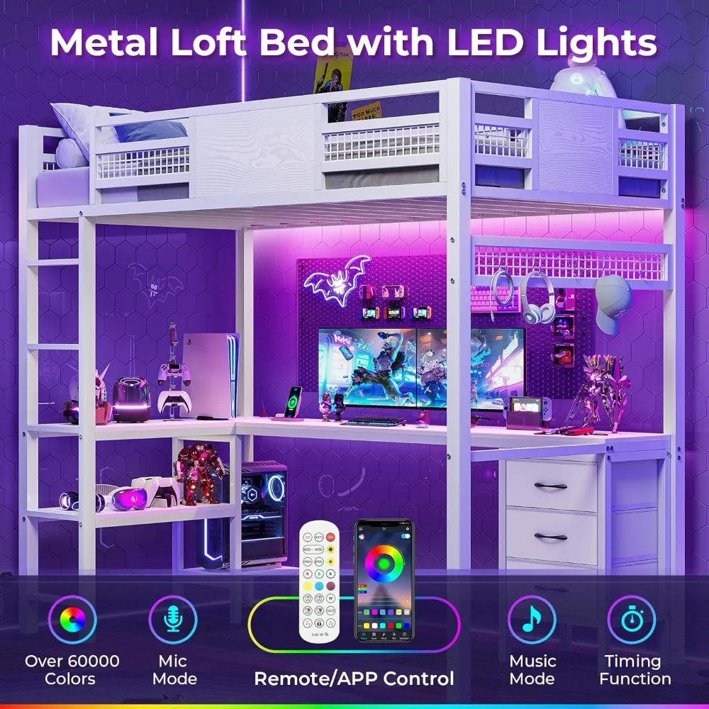 Loft Bed Twin Size, L-Shaped Desk Charging Station and LED Lights, 4-Tier Bookshelf and 3 Drawers