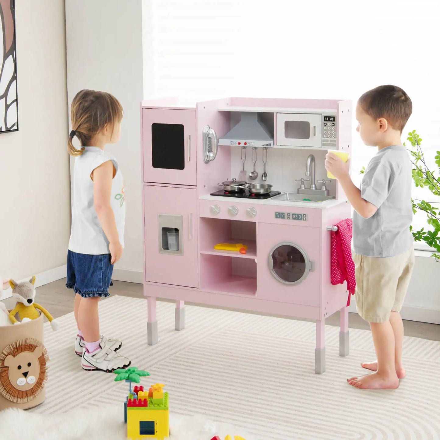 Kids Pretend Kitchen Play Set Toddler Toy Wooden Chef Height Adjustable w/Sounds