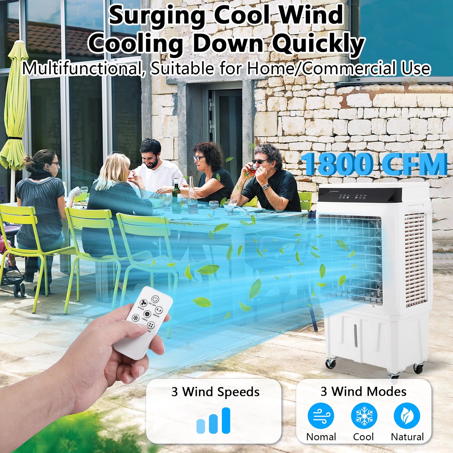 Evaporative Air Cooler, 1800CFM Swamp Cooler w/Remote 12H Timer, 4 Ice Packs, 3 Modes, 8.4 Gallon