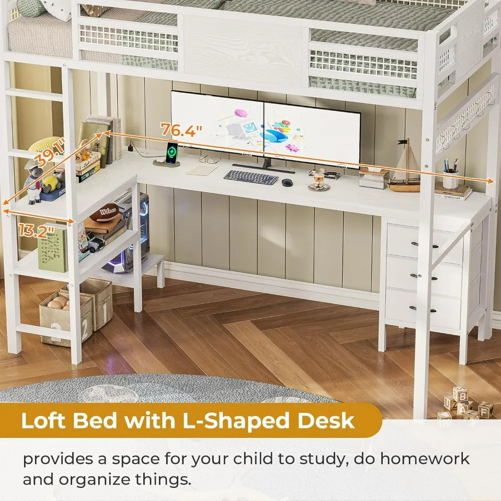 Loft Bed Twin Size, L-Shaped Desk Charging Station and LED Lights, 4-Tier Bookshelf and 3 Drawers