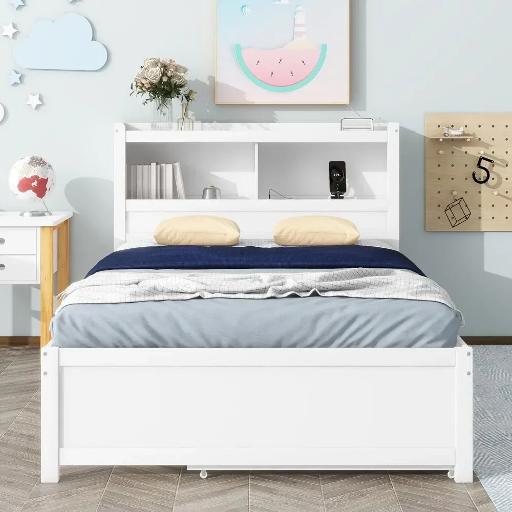 Full Platform Bed/Twin Size Trundle,Bookcase Headboard,Charging Station/3 Drawers,Wood Full Storage