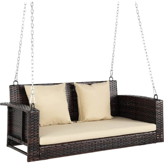 VINGLI Heavy Duty 800 LBS Wicker Hanging Porch Swing with Cushions & Chains, 4FT Outdoor Rattan