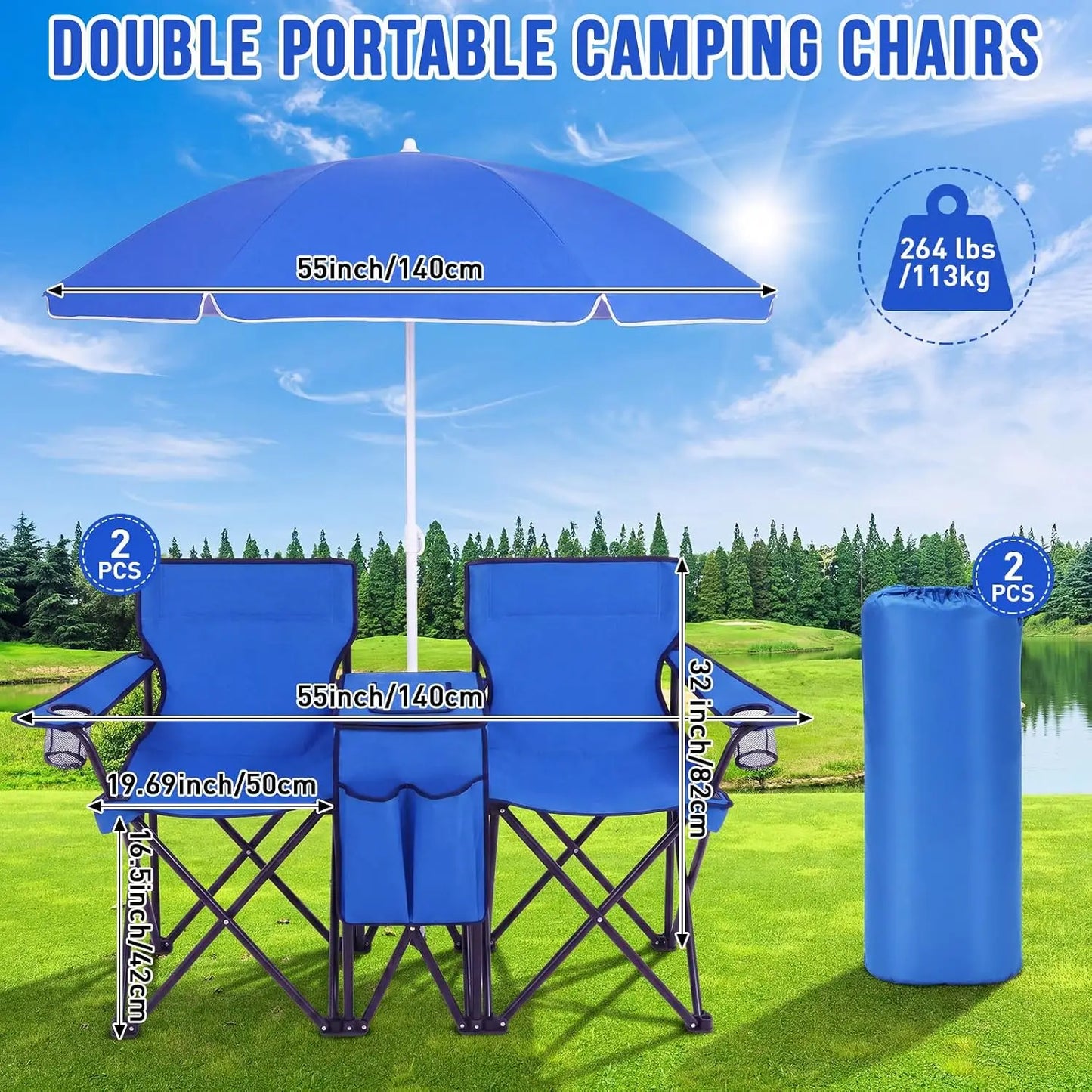 Double Camping Chair Set With Umbrella And Cooler Two Person Folding Loveseat Chair