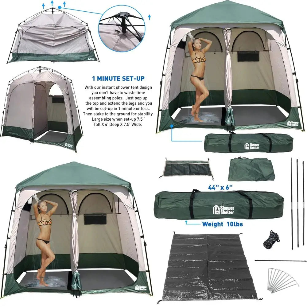 Portable Outdoor Pop-Up Shower Tent with Changing Room - 2-Room Enclosure - 7.5' x 4' x 7.5', Green