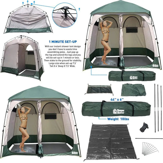 Portable Outdoor Pop-Up Shower Tent with Changing Room - 2-Room Enclosure - 7.5' x 4' x 7.5', Green