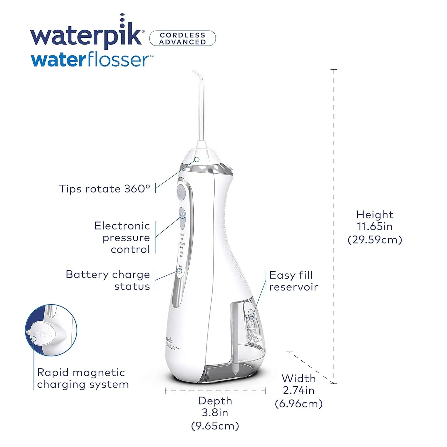 WaterPik Cordless Advanced Water Flosser, Dental Care W/Bag & 4 Tips, Rechargeable ADA Approved