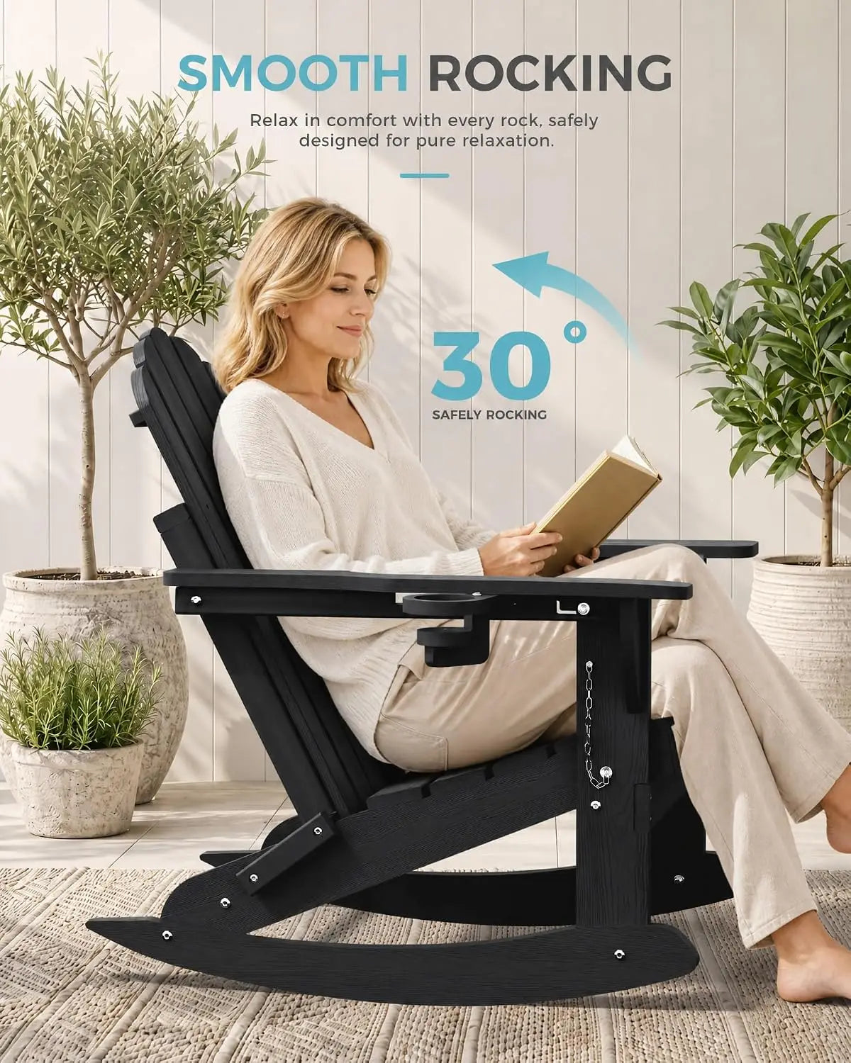 All Weather HDPE Adirondack Rocking Chairs Set Of 2, Foldable Patio Rockers /Retractable Ottoman