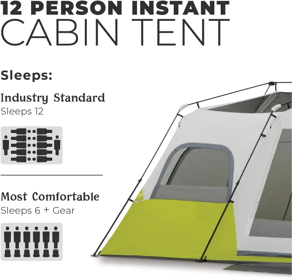 CORE 12-person instant cabin tent with 3 rooms and storage pockets, portable and sets up in 2 min