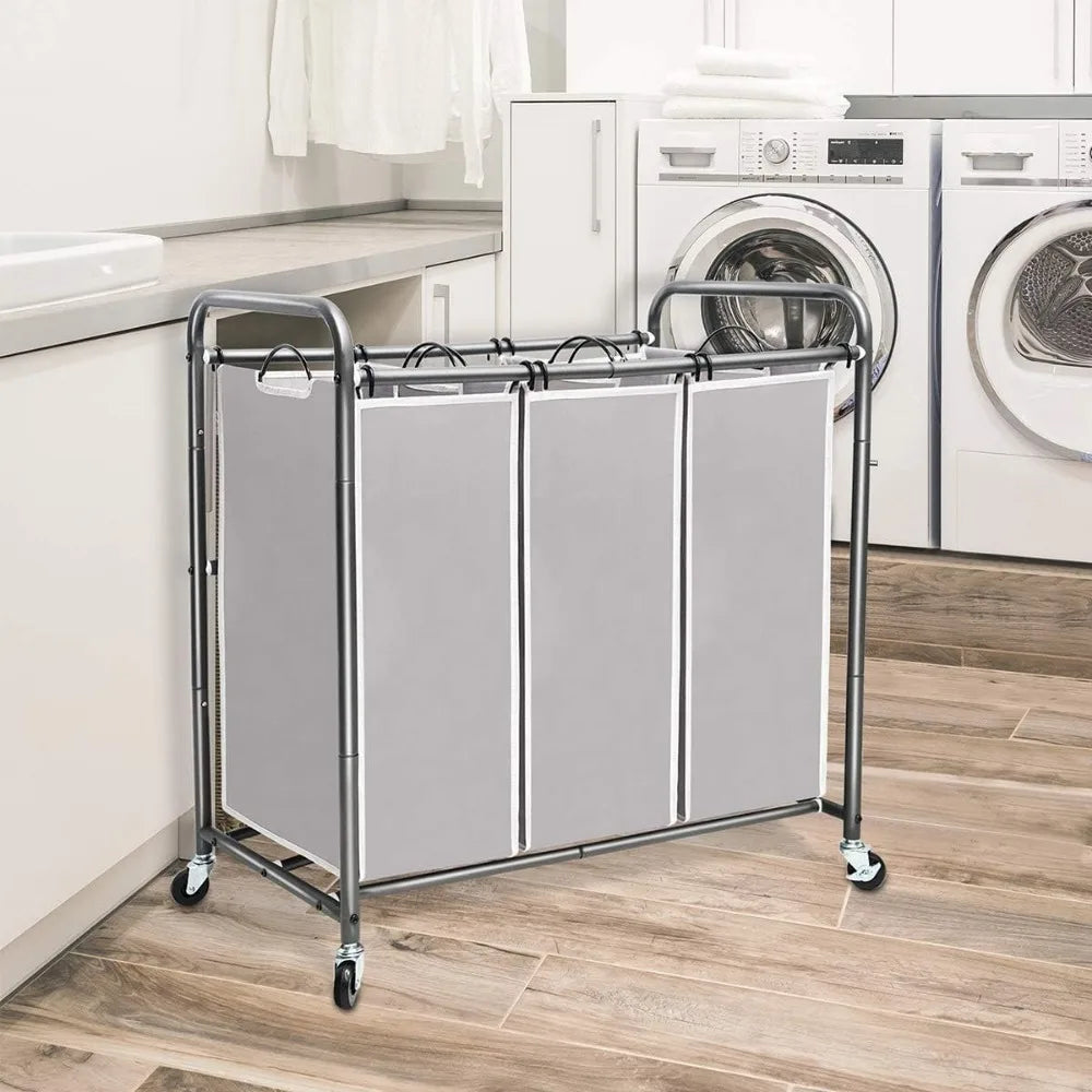 STORAGEMANIAC 3 Section Laundry Sorter, 3 Bag Laundry Hamper Cart w/Heavy Duty Rolling Wheels