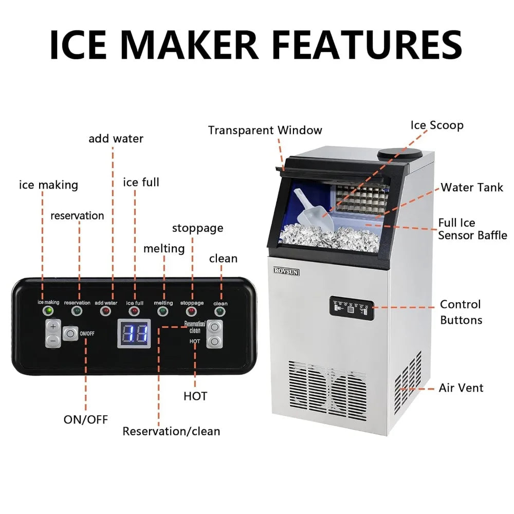 Commercial Ice Maker Machine with 2 Water Inlets, Freestanding Ice Machine with 24lbs Storage Bin