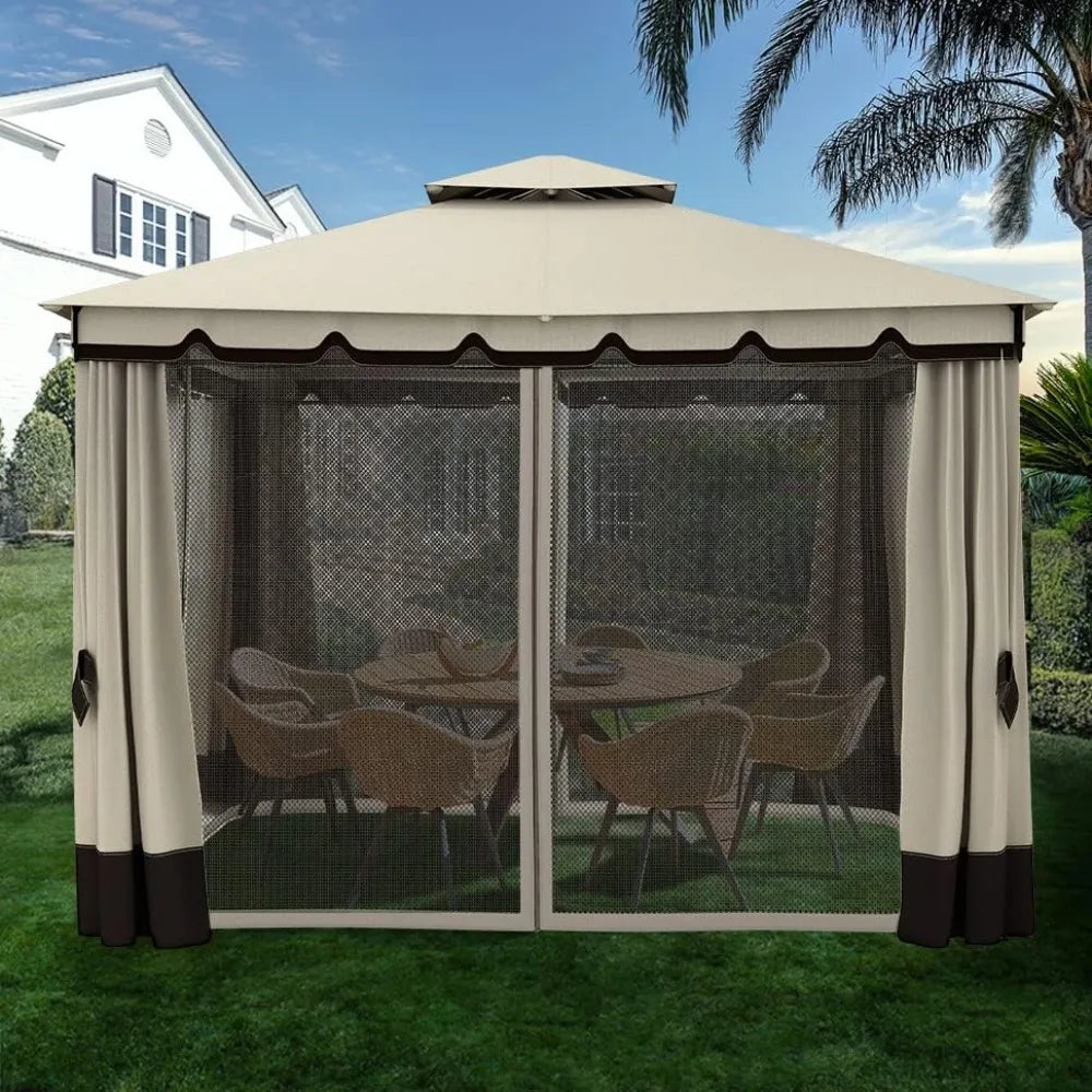 YITAHOME 10x12ft Gazebo Outdoor Double Roof Canopy w/ Netting & Curtains, Soft Fabric Top