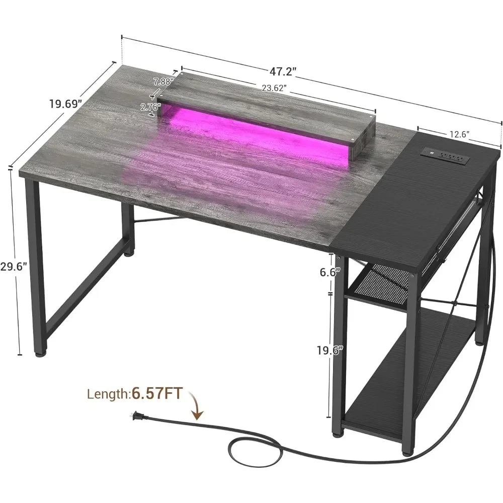 Computer Desk w/ LED Lights, 47 Gaming Desk w/ Power Outlet and USB, Reversible Laptop Table