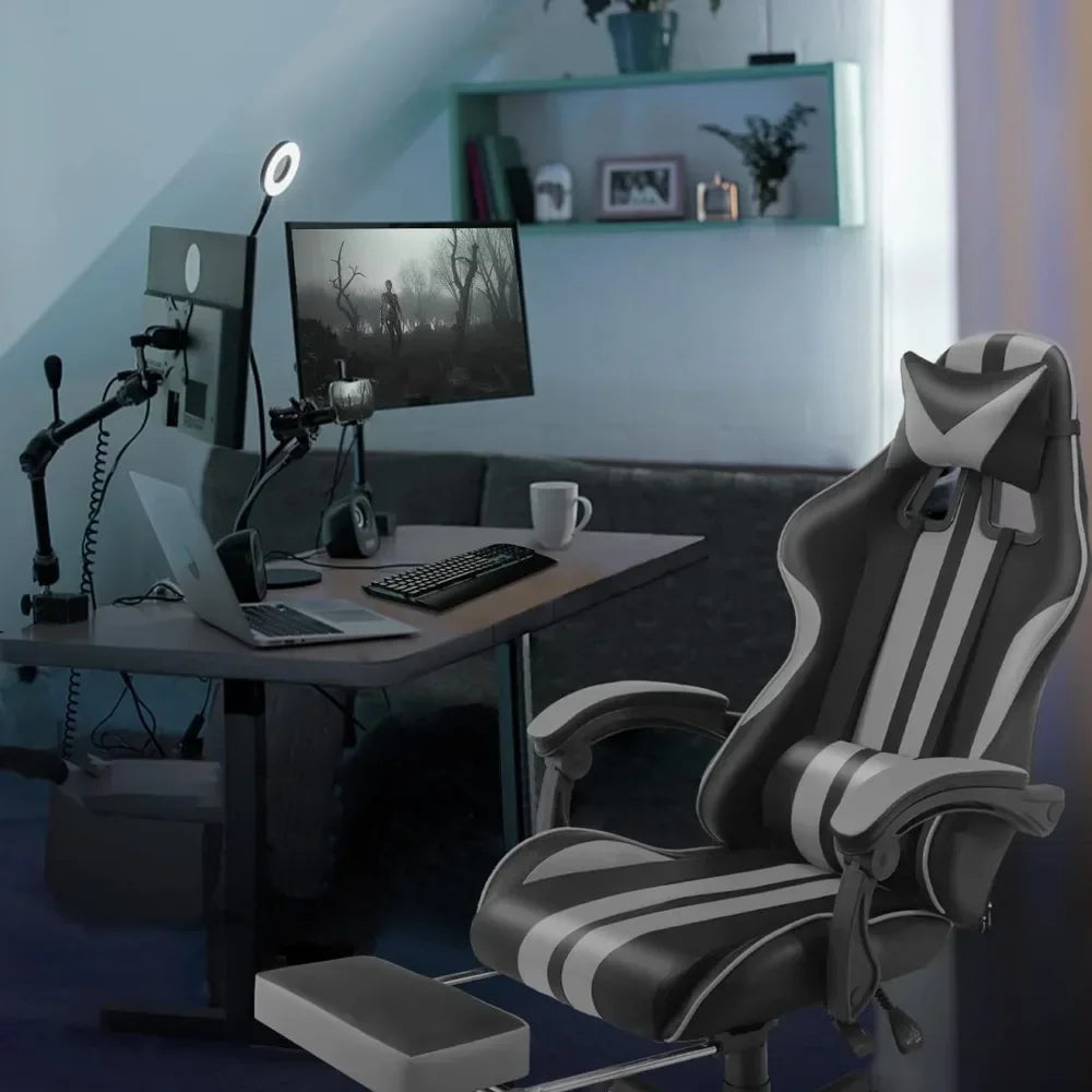 Grey Gaming Chairs w/Footrest,PC Gaming Chair,Computer Chair, E-Sports Chair,Ergonomic Office Chair