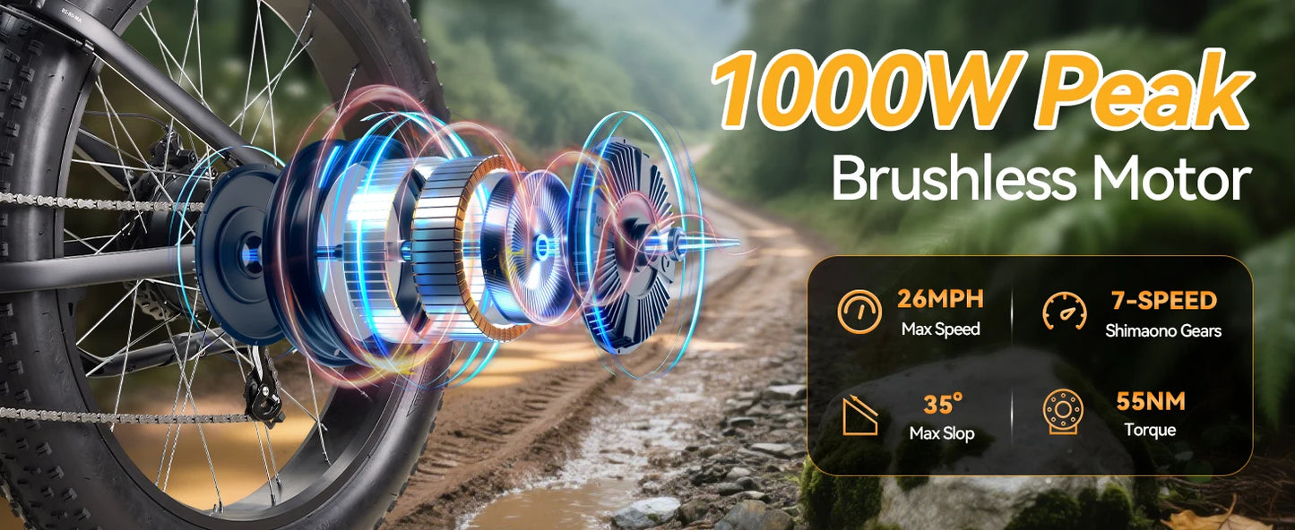 1000W Electric Bike/Fat Tire Ebike 26MPH, 48V 13Ah Battery,26"x4" Electric Mountain Bike, 7-Speed