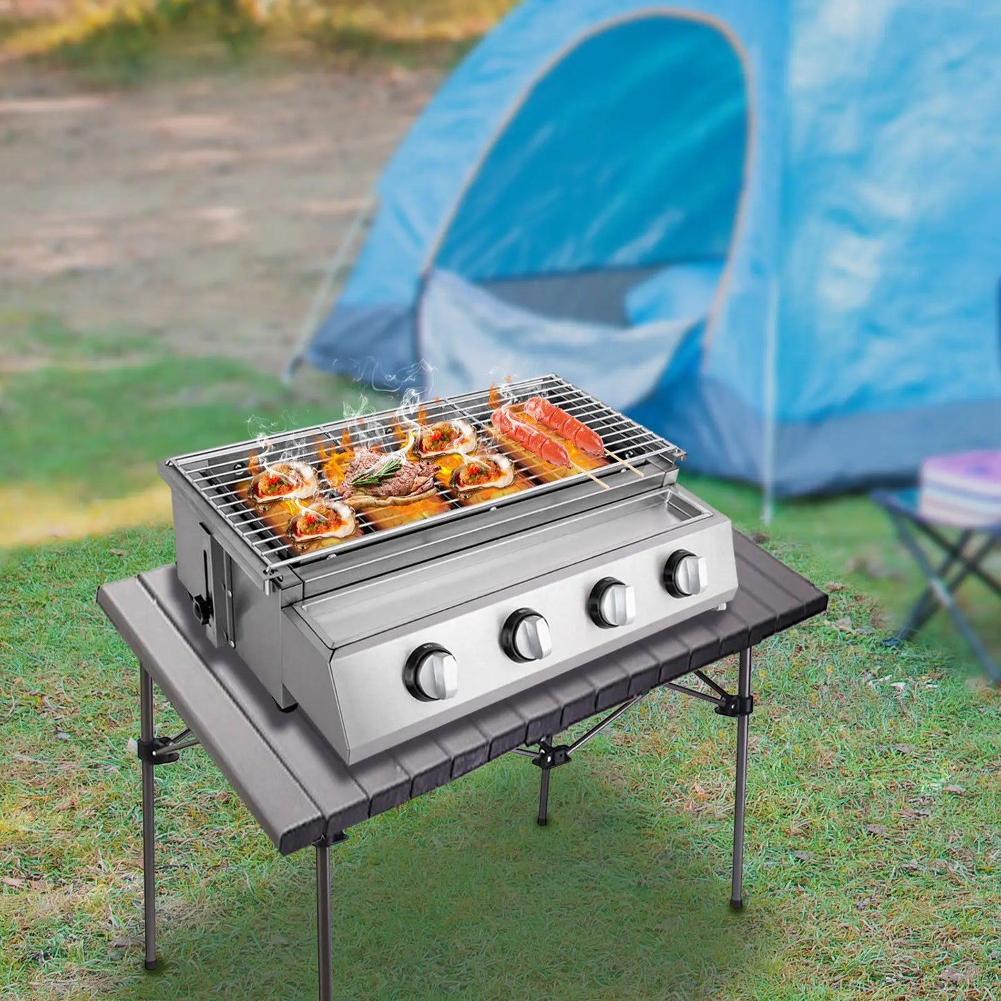 Outdoor Cooking Commercial Gas BBQ Grill W/ Stainless Steel Griddle 4 Burners