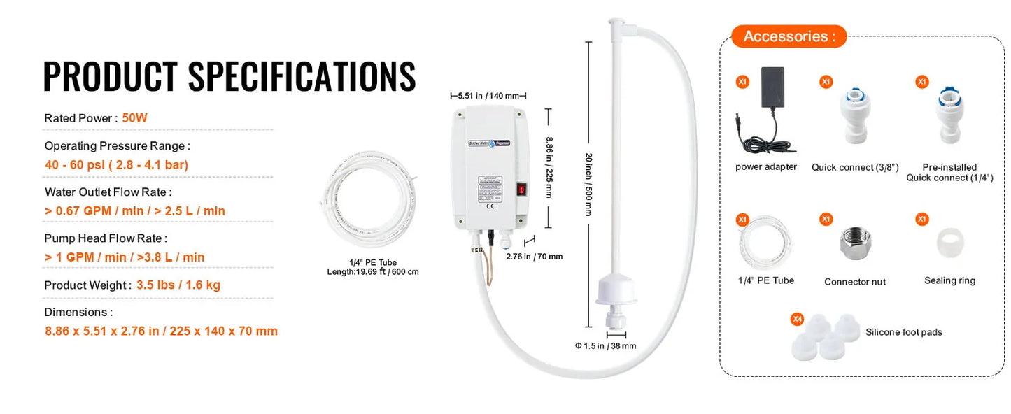 SucceBuy Bottled Water Dispensing Pump w/PE Pipe 1 Gal/MIN 40 PSI Coffee Tea Refrigerator Ice Maker