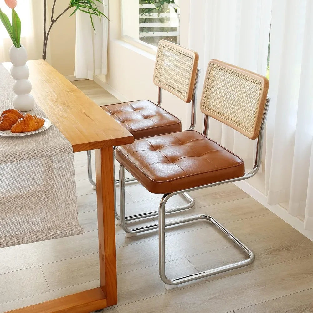 Upholstered Brown Leather Chairs, 2 PCS Rattan Dining Chairs w/Rubber Wood Back Frame & Metal Legs