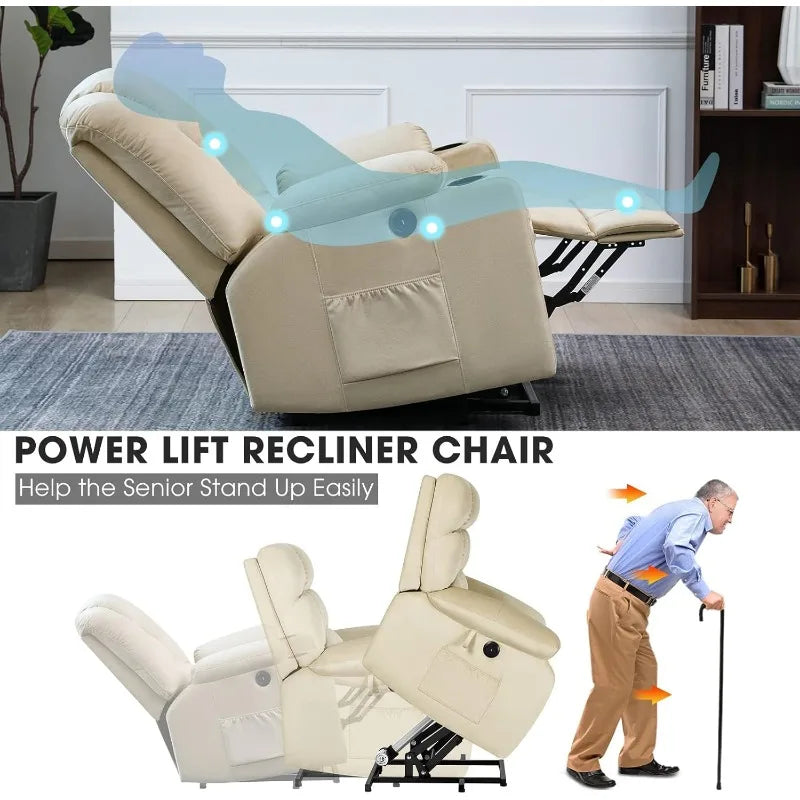 Power Lift Recliner Chair for Elderly, Plush Fabric Electric Recliner w/Heated & Vibration Massage