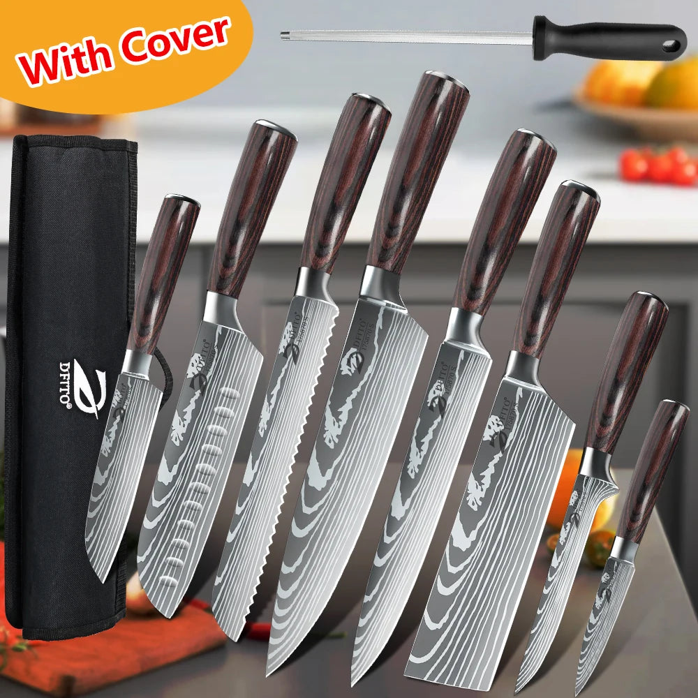 KEPEAK Kitchen Knife Set 7Cr17Mov Stainless Steel Chef Knife Ultra Sharp Santoku Cleaver Utility