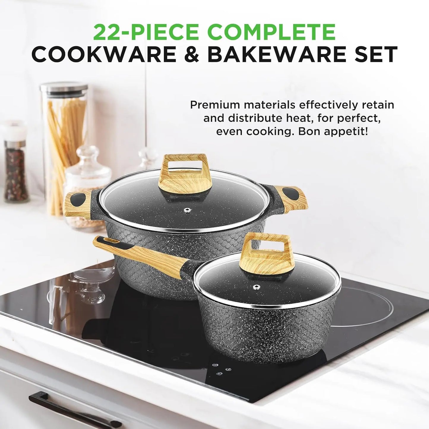 22-Piece Black Marble Non-Stick Cookware and Bakeware Set - Professional Home Kitchen Collection